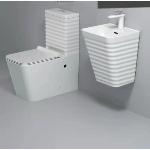 Modern Fluted One-Piece Toilet & Wall-Hung Basin Set (All White)