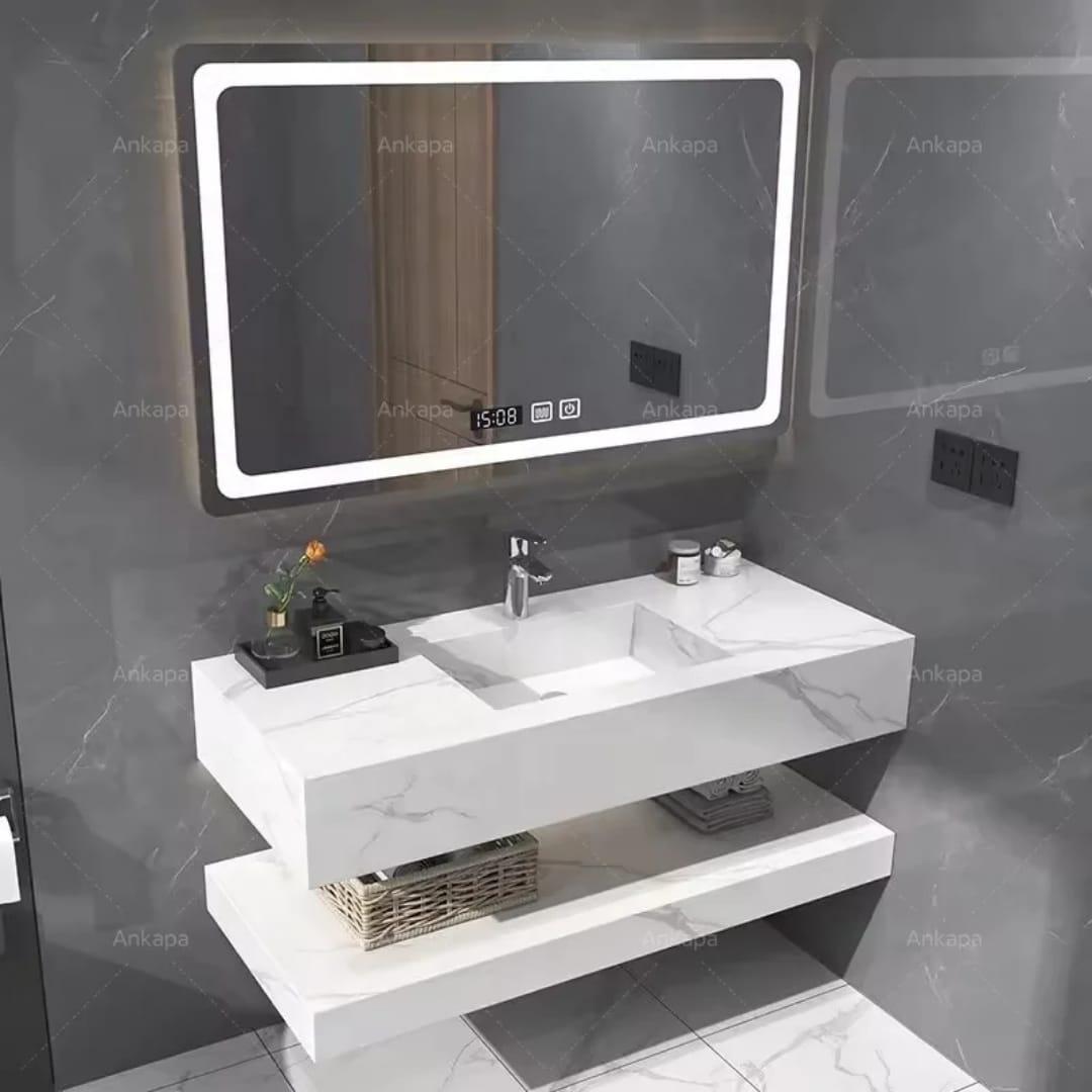 KingsHome 100cm Luxury Wall-Hung Porcelain Vanity & Smart Digital LED Mirror Set (Calacatta White)