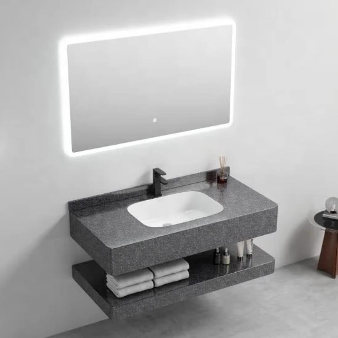 KingsHome 100cm Luxury Wall-Hung Porcelain Vanity & Smart LED Mirror Set (Speckled Grey)
