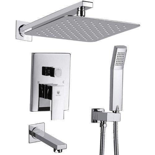 KingsHome Concealed Square Rainfall Shower & Tub Filler System (Polished Chrome)