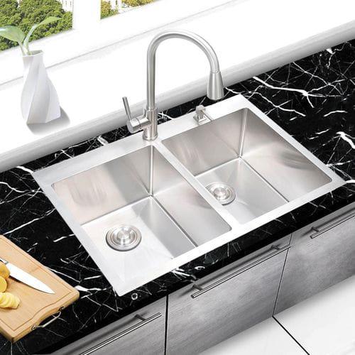 KingsHome Double-Bowl Undermount Stainless Steel Kitchen Sink with Faucet Set