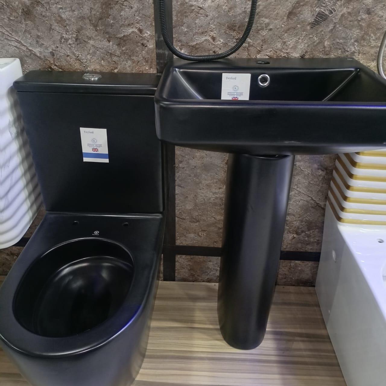 KingsHome Modern Matte Black Water Closet & Pedestal Basin Suite