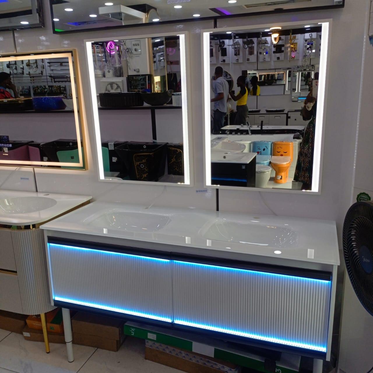Kingshome Double-Basin Fluted Vanity Suite with Ambient LED Underlighting & Dual Mirrors