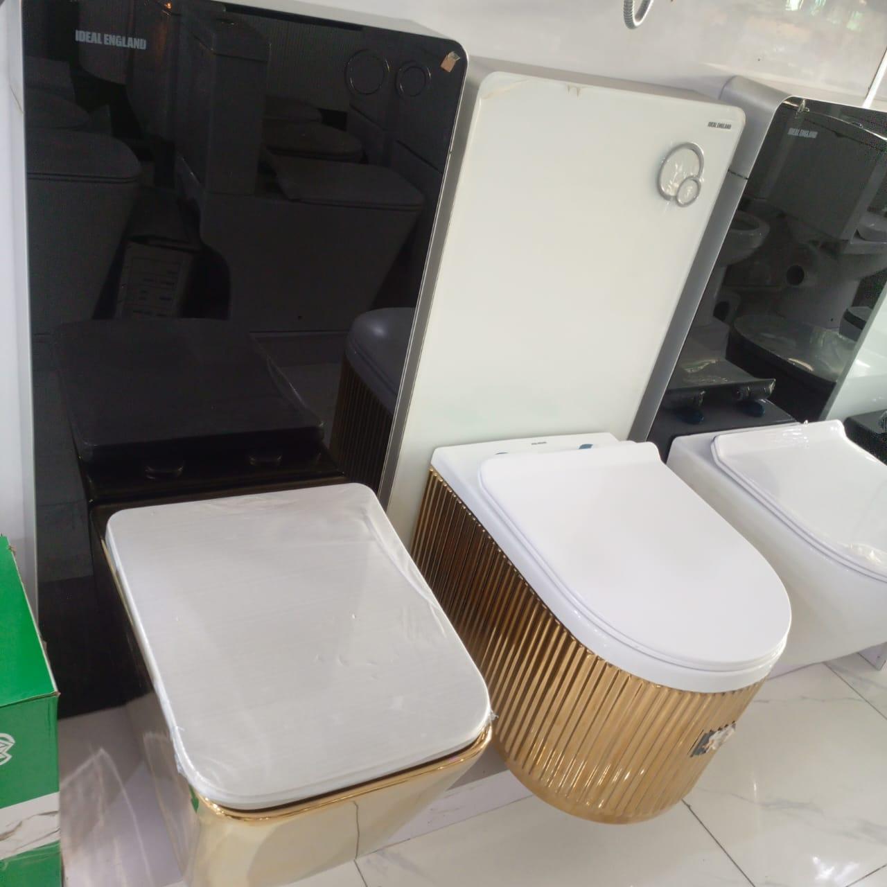 Kingshome Luxury Gold Ribbed Wall-Hung Toilet with White Glass Concealed Cistern Module