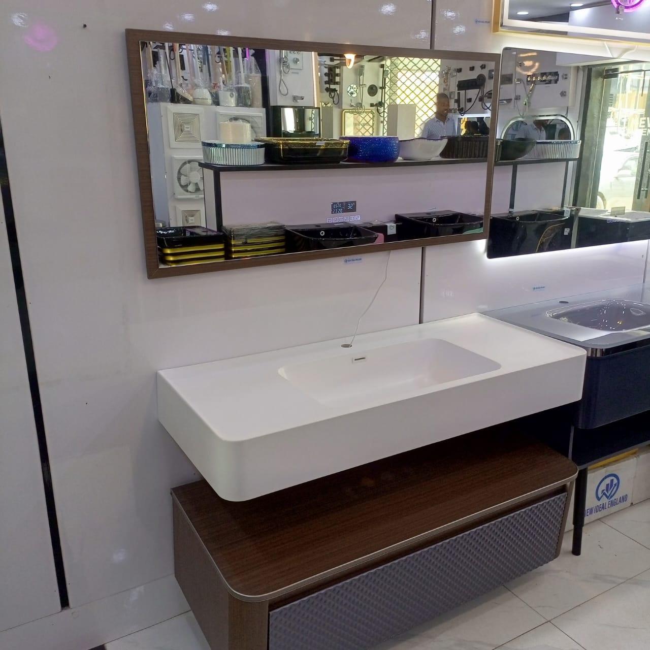 Kingshome Extended Single-Basin Vanity Unit with Walnut Wood Accent Cabinet