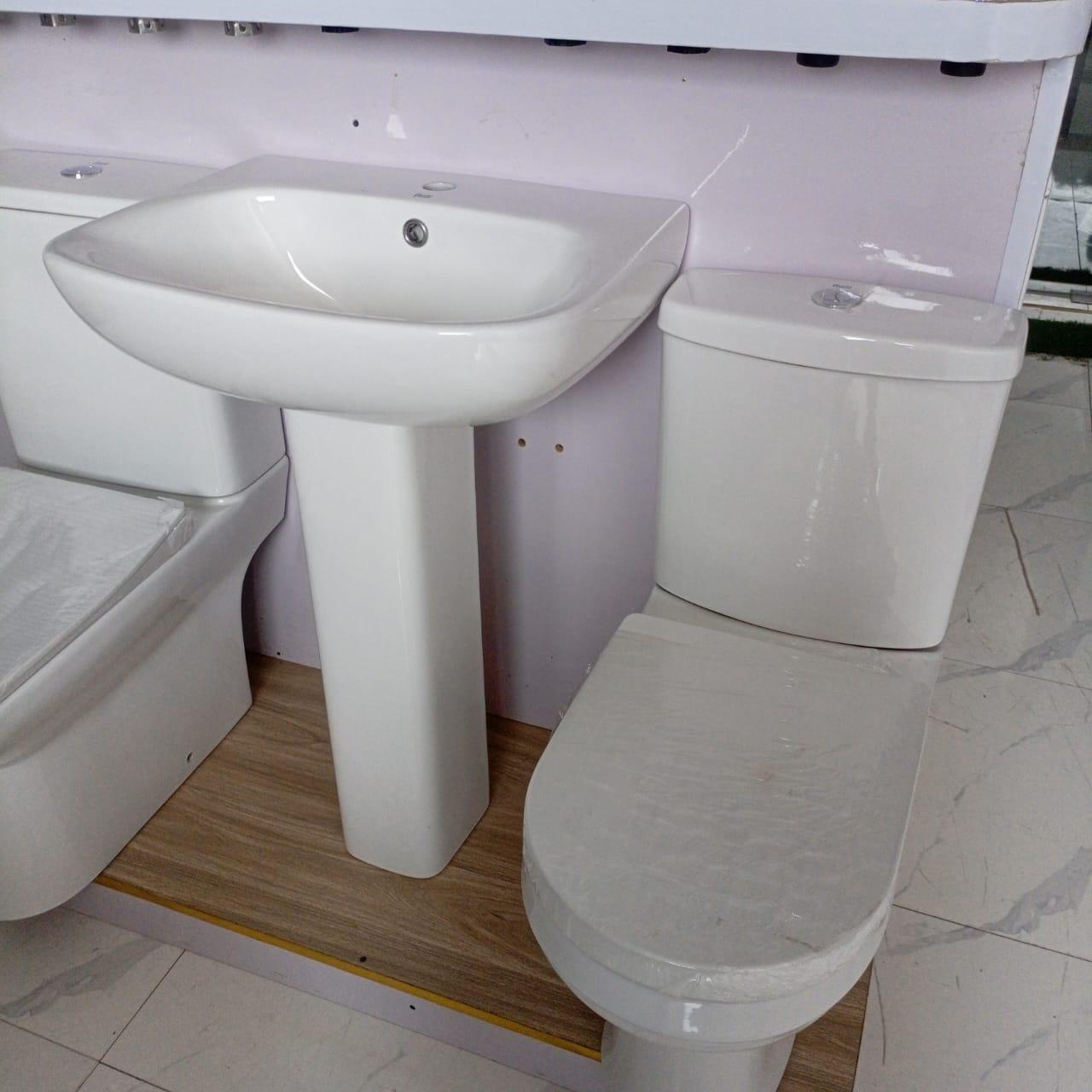 Kingshome Rectangular Pedestal Sink & Skirted One-Piece Toilet Pair