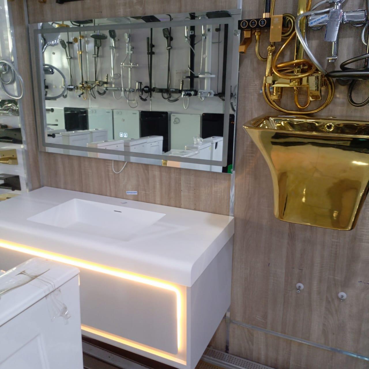 Kingshome Floating White Underlit Single Vanity with Sculptural Metallic Gold Washbasin