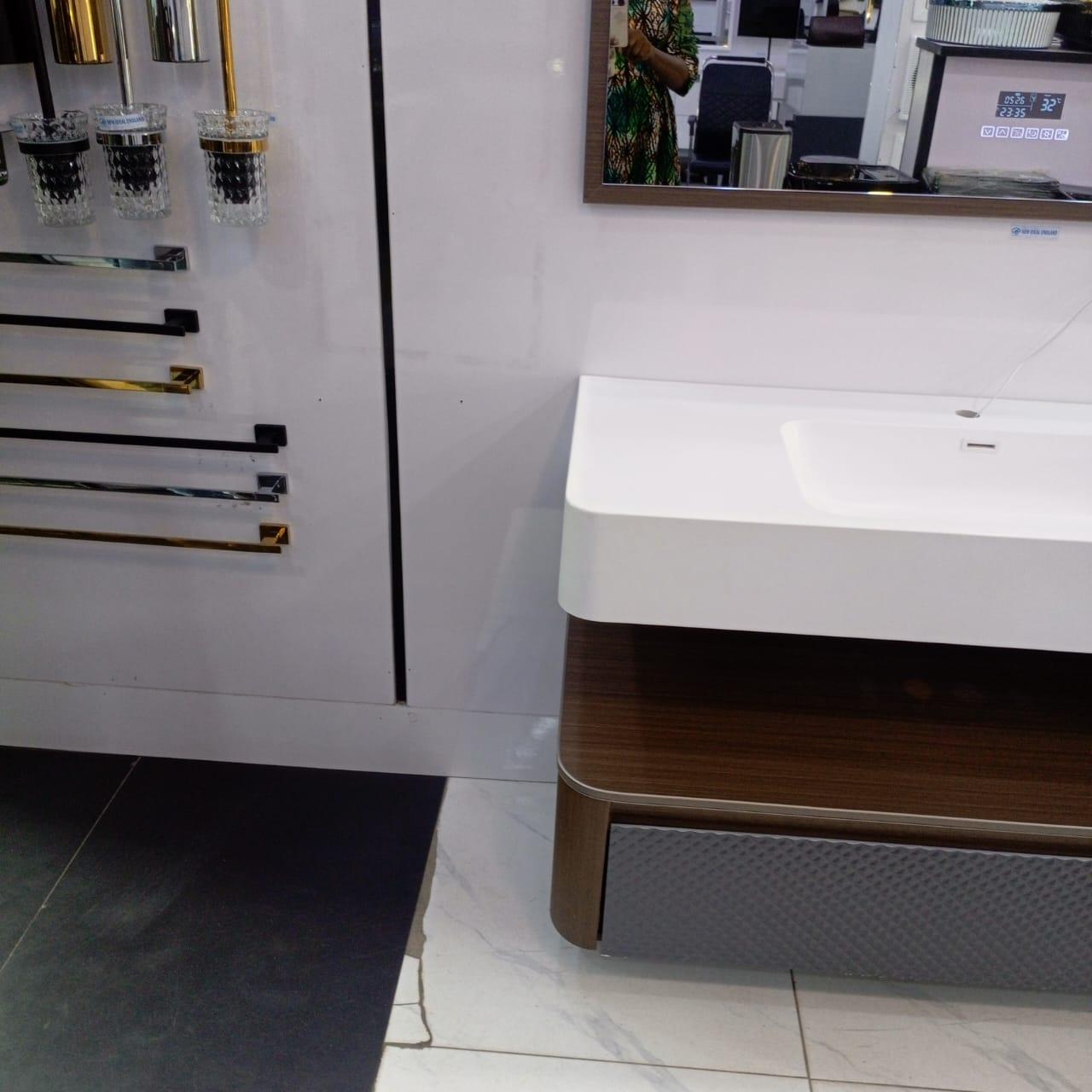 Kingshome Extended White Countertop Basin Unit with Walnut & Diamond-Textured Drawer