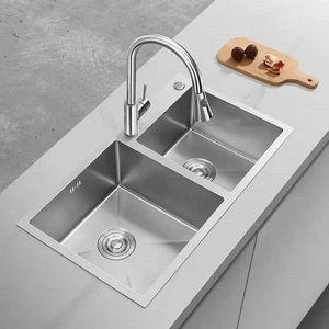 Stainless Steel Double Bowl Kitchen Sink with Pull-Down Faucet